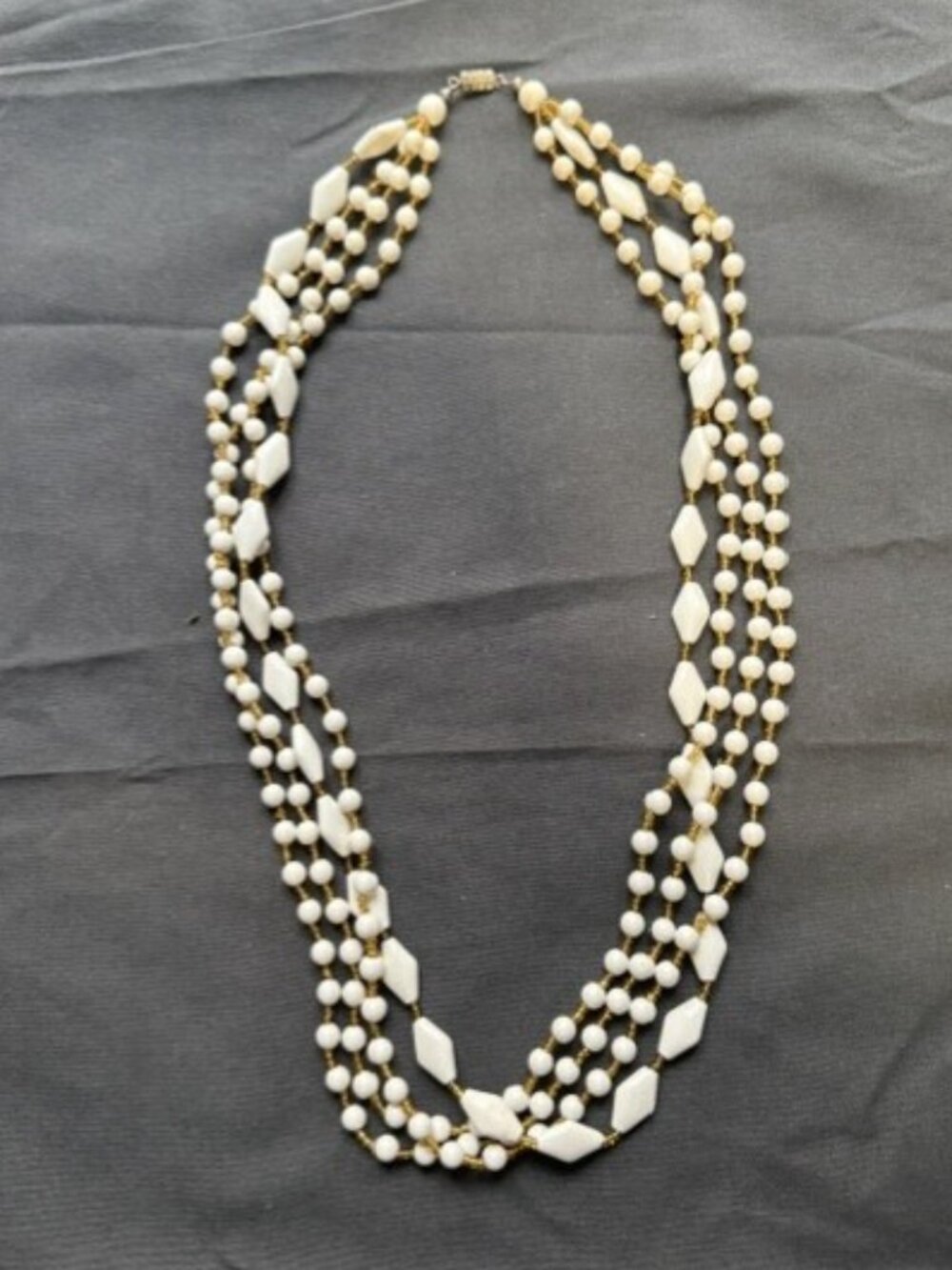 Vintage Multi Strand Necklace w Round & Diamond Shaped Beads & Gold Toned Spacer